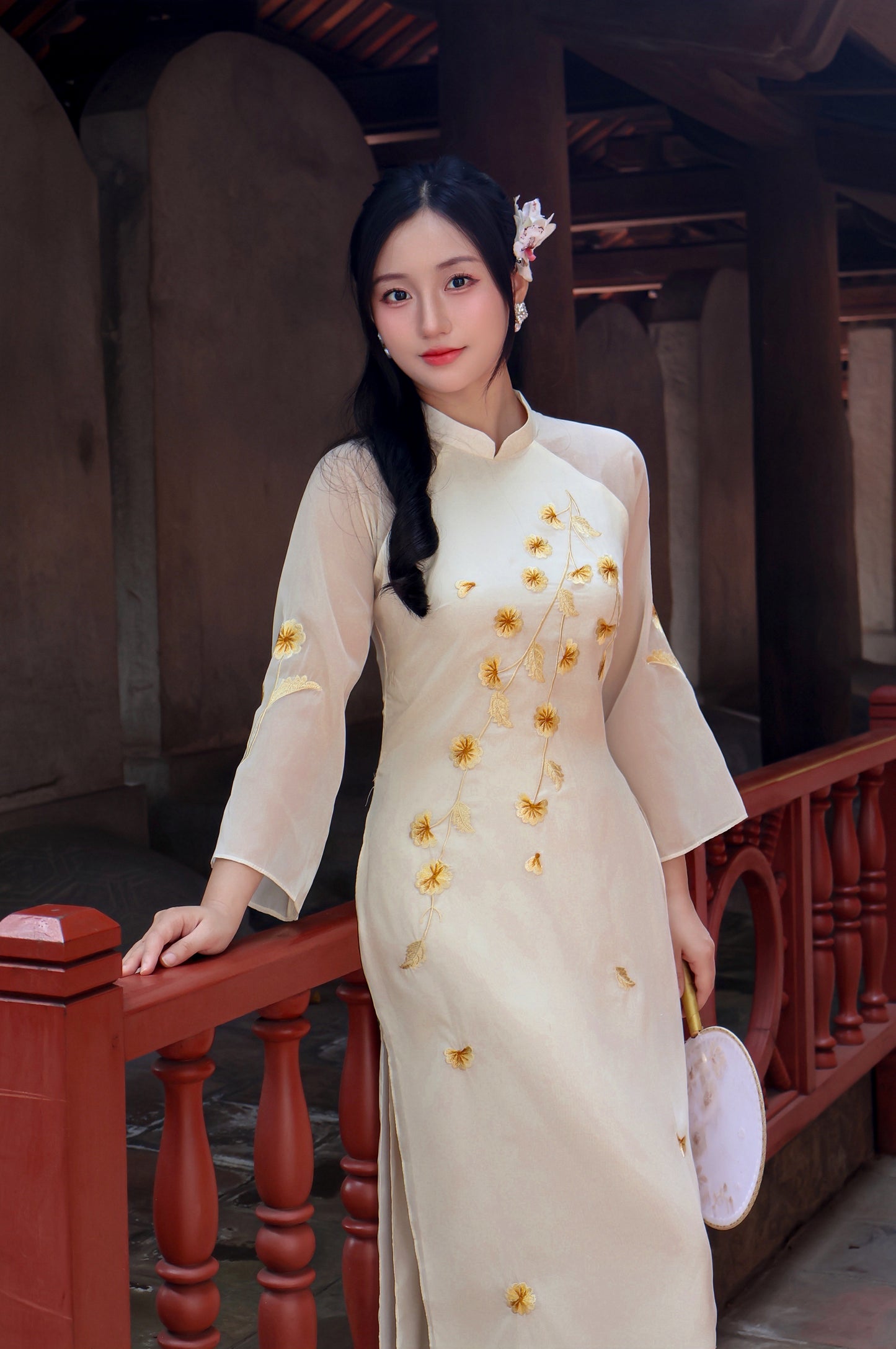 LAVIE Pastel Yellow Organza Silk Ao Dai | Set Ao Dai For Women