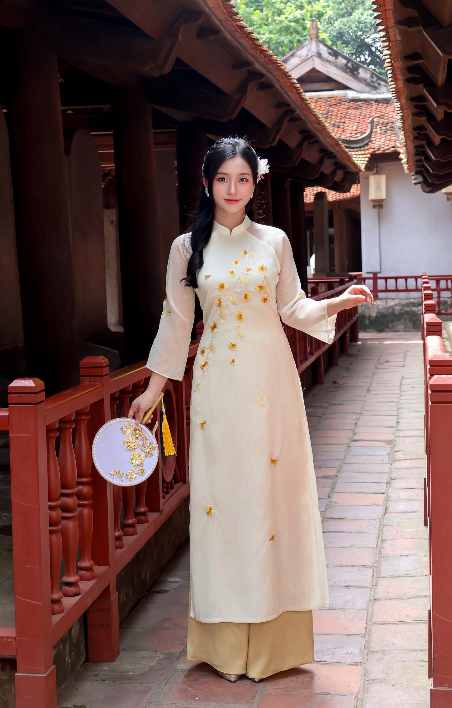 LAVIE Pastel Yellow Organza Silk Ao Dai | Set Ao Dai For Women