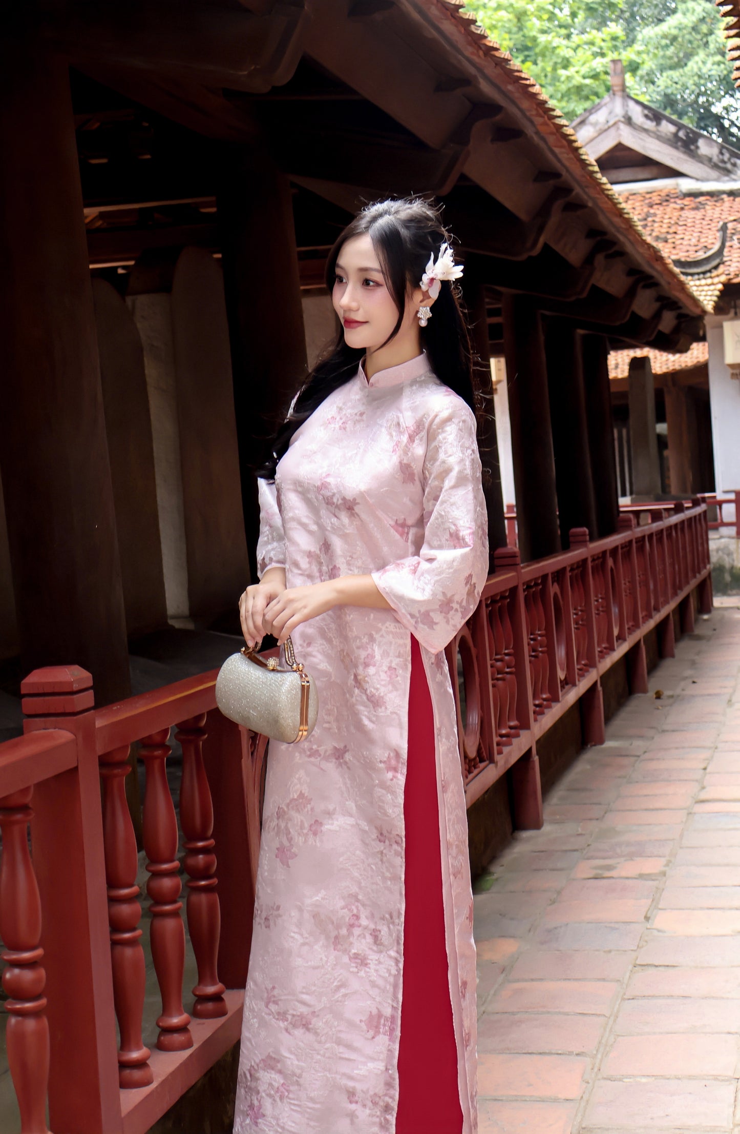 THU Pink Ao Dai with Flower Embroidery | Vietnamese ao dai for women | With pants