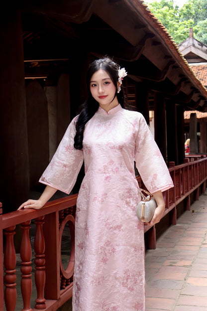 THU Pink Ao Dai with Flower Embroidery | Vietnamese ao dai for women | With pants
