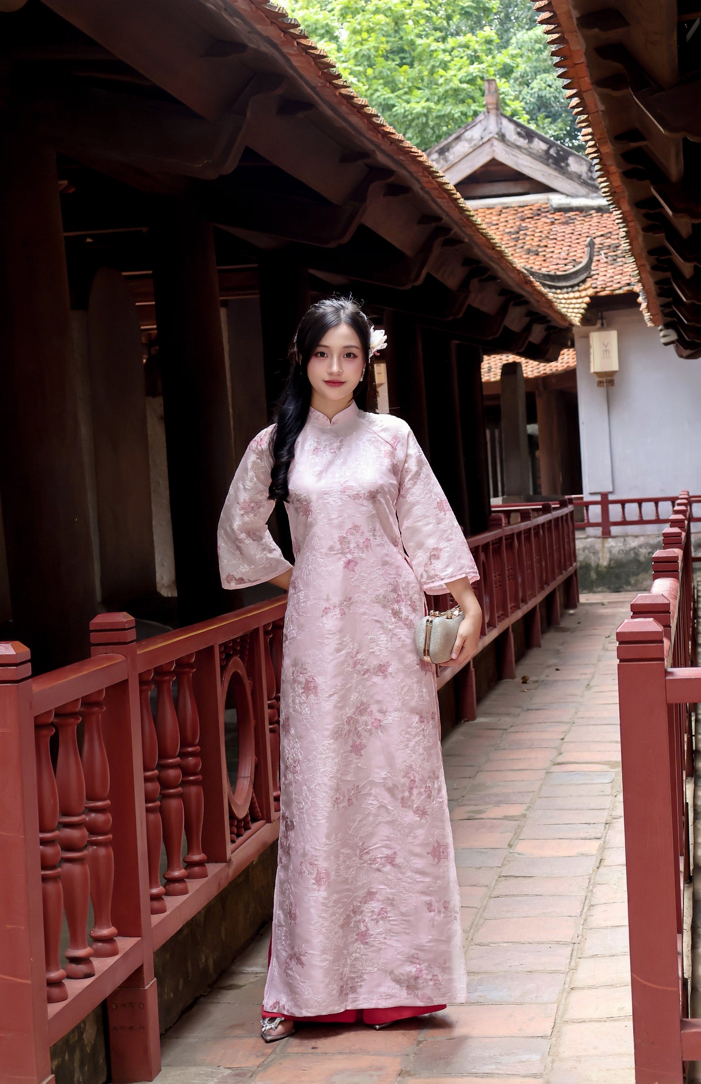 THU Pink Ao Dai with Flower Embroidery | Vietnamese ao dai for women | With pants