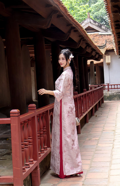 THU Pink Ao Dai with Flower Embroidery | Vietnamese ao dai for women | With pants