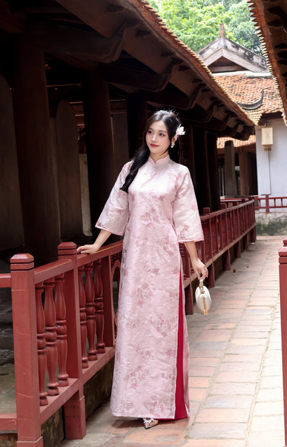 THU Pink Ao Dai with Flower Embroidery | Vietnamese ao dai for women | With pants