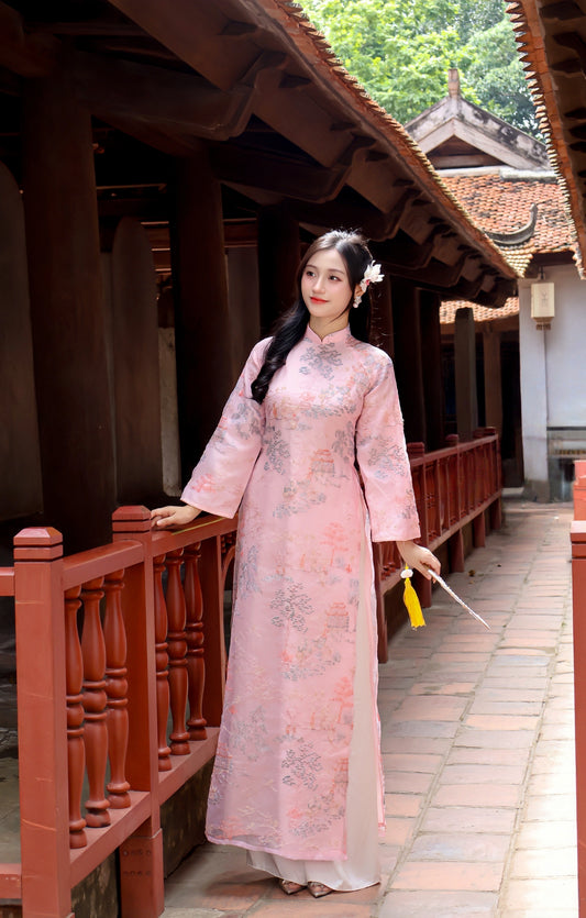 MINH ANH Pink Ao Dai with Flower Embroidery | Vietnamese ao dai for women | NO pants