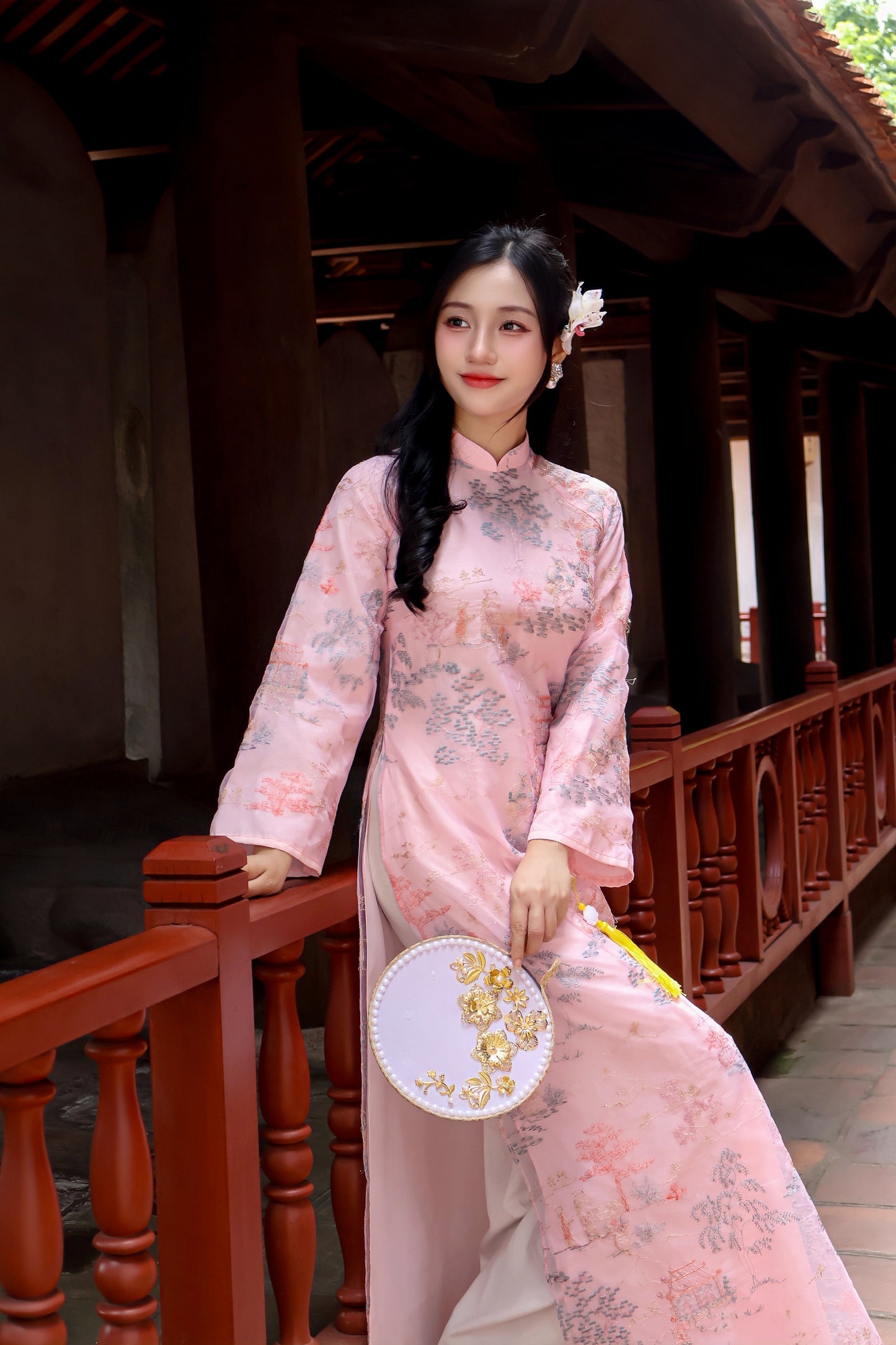 MINH ANH Pink Ao Dai with Flower Embroidery | Vietnamese ao dai for women | NO pants
