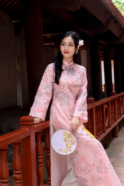 MINH ANH Pink Ao Dai with Flower Embroidery | Vietnamese ao dai for women | NO pants