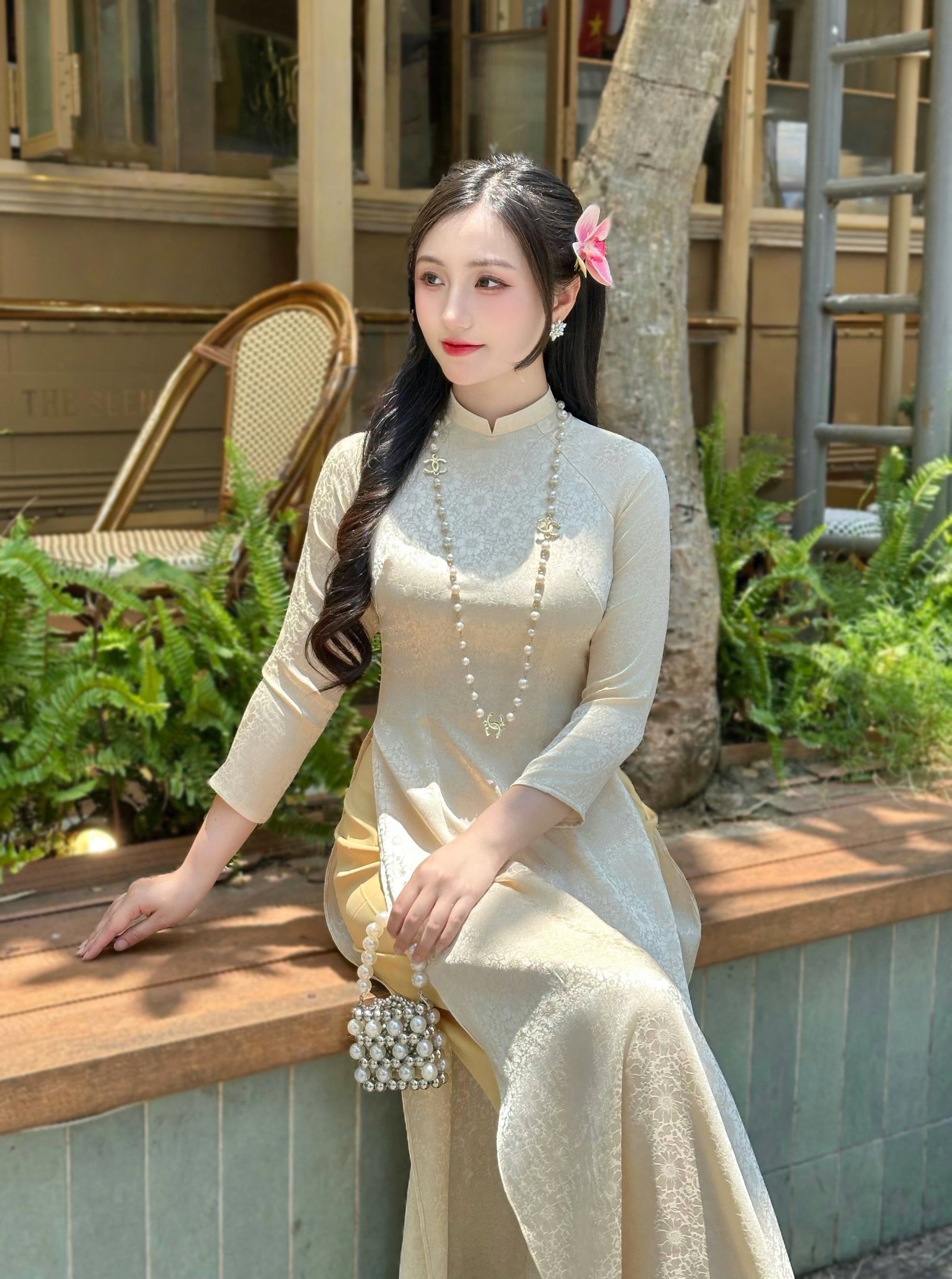 Beige Gam Ao Dai Dress | Pre made Traditional ao dai for women | Vietn Ao Dai Net Dep Viet Beige Gam Ao Dai Dress | Pre made Traditional ao dai for women | Vietn Ao Dai Net Dep Viet