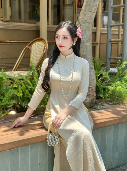 Beige Gam Ao Dai Dress | Pre made Traditional ao dai for women | Vietn Ao Dai Net Dep Viet Beige Gam Ao Dai Dress | Pre made Traditional ao dai for women | Vietn Ao Dai Net Dep Viet