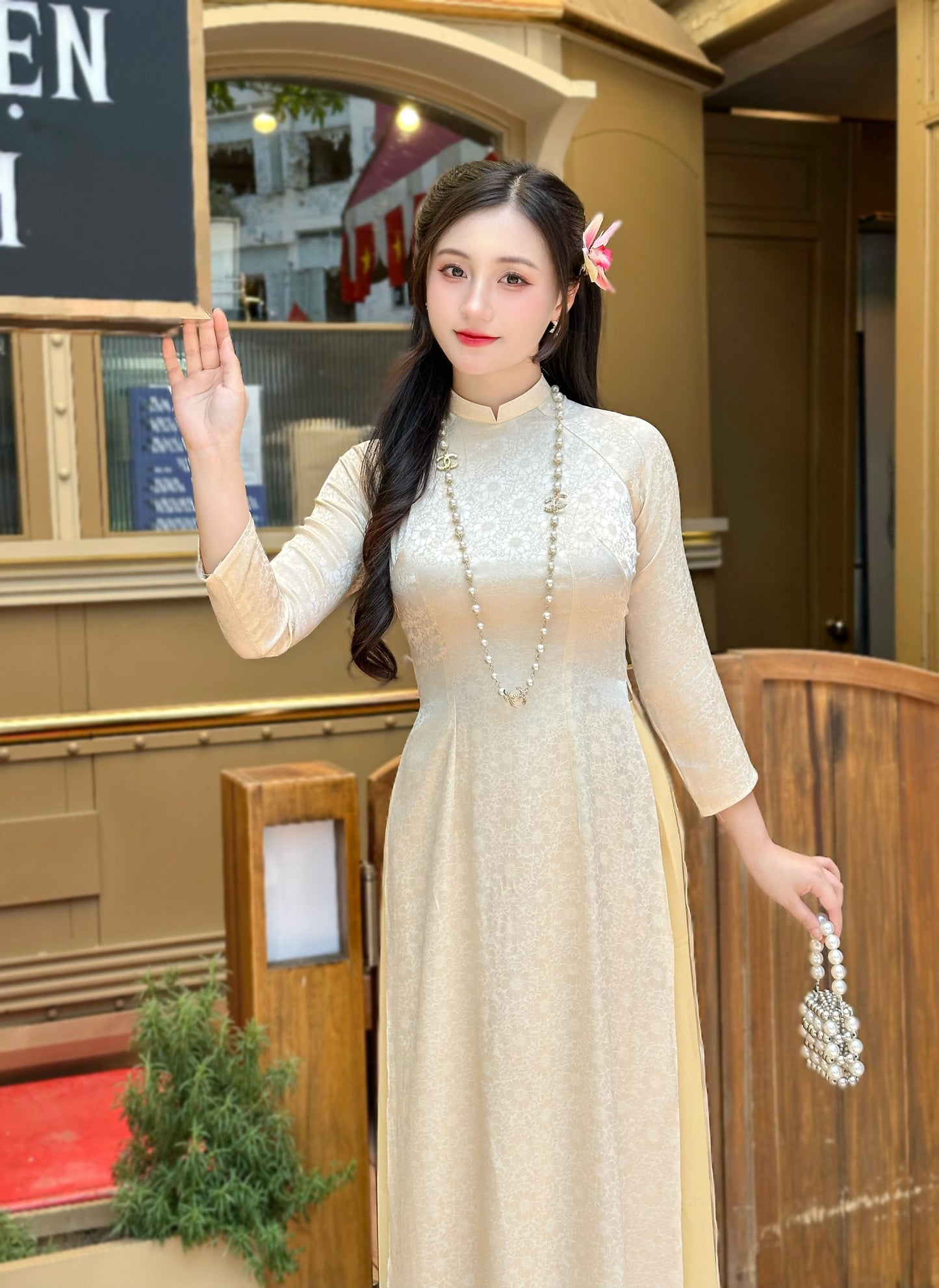 Beige Gam Ao Dai Dress | Pre made Traditional ao dai for women | Vietnamese long dress