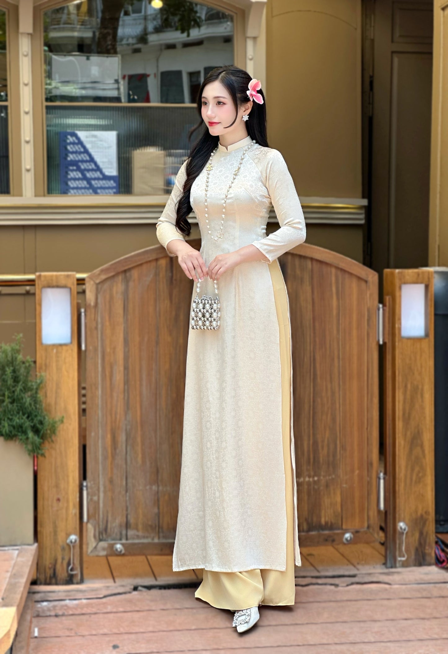 Beige Gam Ao Dai Dress | Pre made Traditional ao dai for women | Vietnamese long dress