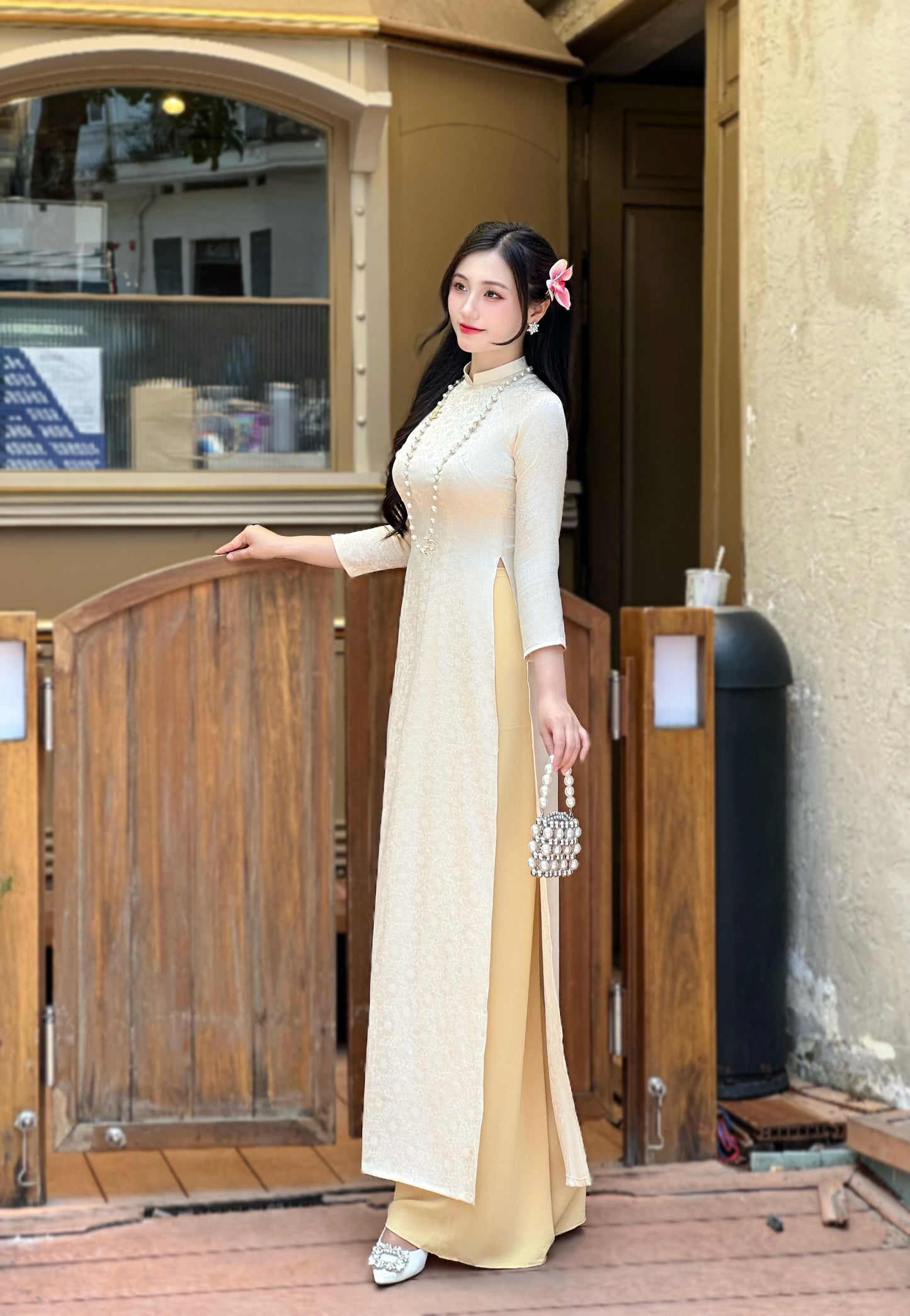 Beige Gam Ao Dai Dress | Pre made Traditional ao dai for women | Vietnamese long dress