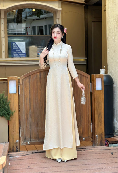 Beige Gam Ao Dai Dress | Pre made Traditional ao dai for women | Vietn Ao Dai Net Dep Viet Beige Gam Ao Dai Dress | Pre made Traditional ao dai for women | Vietn Ao Dai Net Dep Viet