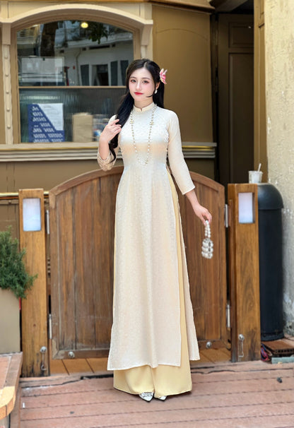 Beige Gam Ao Dai Dress | Pre made Traditional ao dai for women | Vietnamese long dress