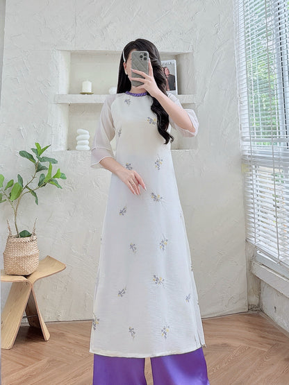 Lavender Embroidery Ao Dai Set | Modern Vietnamese Ao Dai | Included Pants