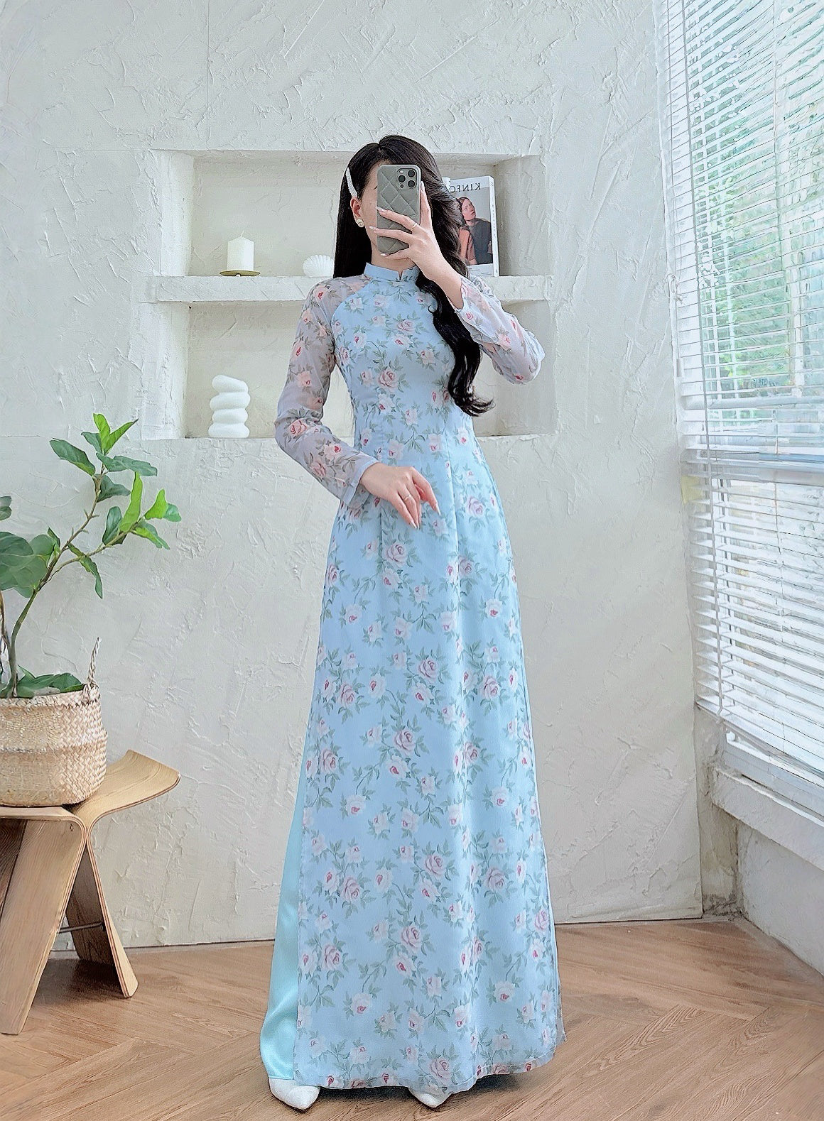 Blue Rose Vietnamese Ao Dai Dress – Traditional Long Sleeve Ao Dai Pan – Ao Dai Net Dep Viet