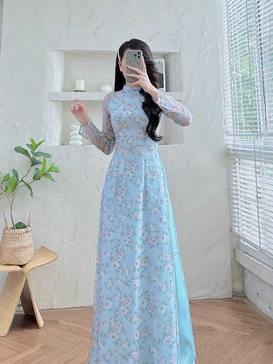 Blue Rose Vietnamese Ao Dai Dress – Traditional Long Sleeve Ao Dai Pants – Elegant Formal Ao Dai for Women