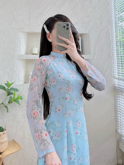 Blue Rose Vietnamese Ao Dai Dress – Traditional Long Sleeve Ao Dai Pants – Elegant Formal Ao Dai for Women