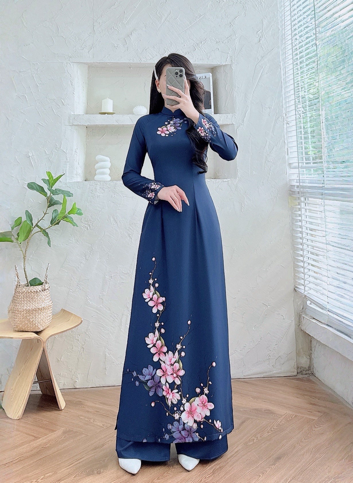 Pre-order: 3D Printed Dark Blue Ao Dai | Traditional Vietnamese Dress for Women