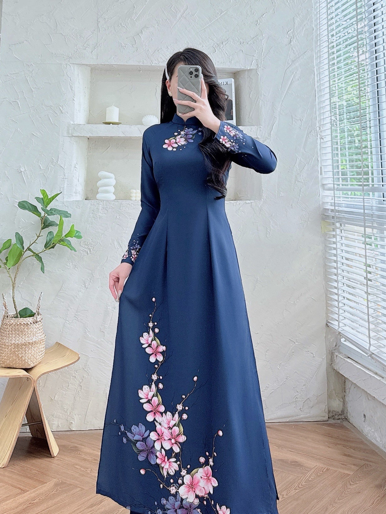 Pre-order: 3D Printed Dark Blue Ao Dai | Traditional Vietnamese Dress for Women