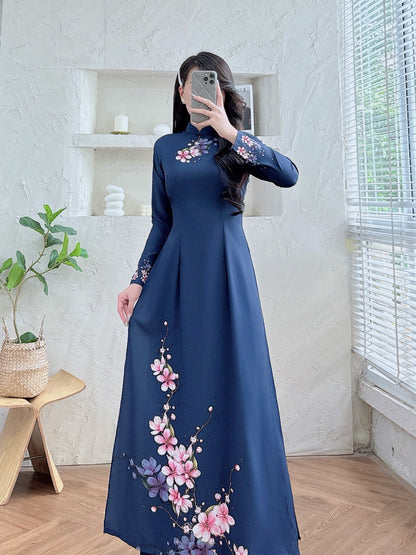 Pre-order: 3D Printed Dark Blue Ao Dai | Traditional Vietnamese Dress for Women