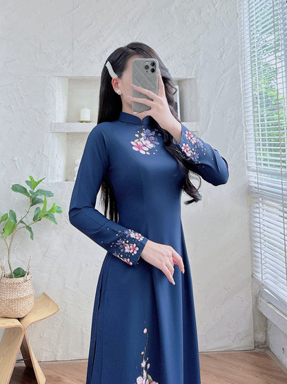 Pre-order: 3D Printed Dark Blue Ao Dai | Traditional Vietnamese Dress for Women