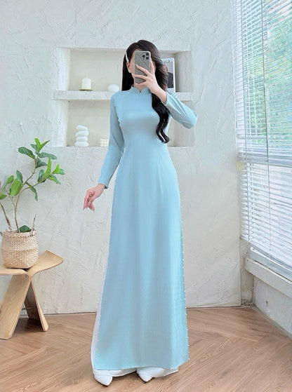 Mint Bridesmaid Ao Dai With Pearls | Cultural Formalwear | Vietnamese Long Dress | Included Pants