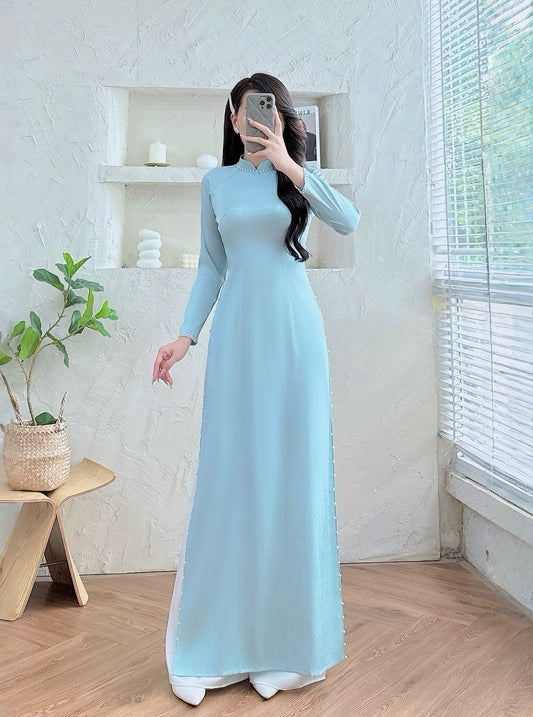 Mint Bridesmaid Ao Dai With Pearls | Cultural Formalwear | Vietnamese Long Dress | Included Pants