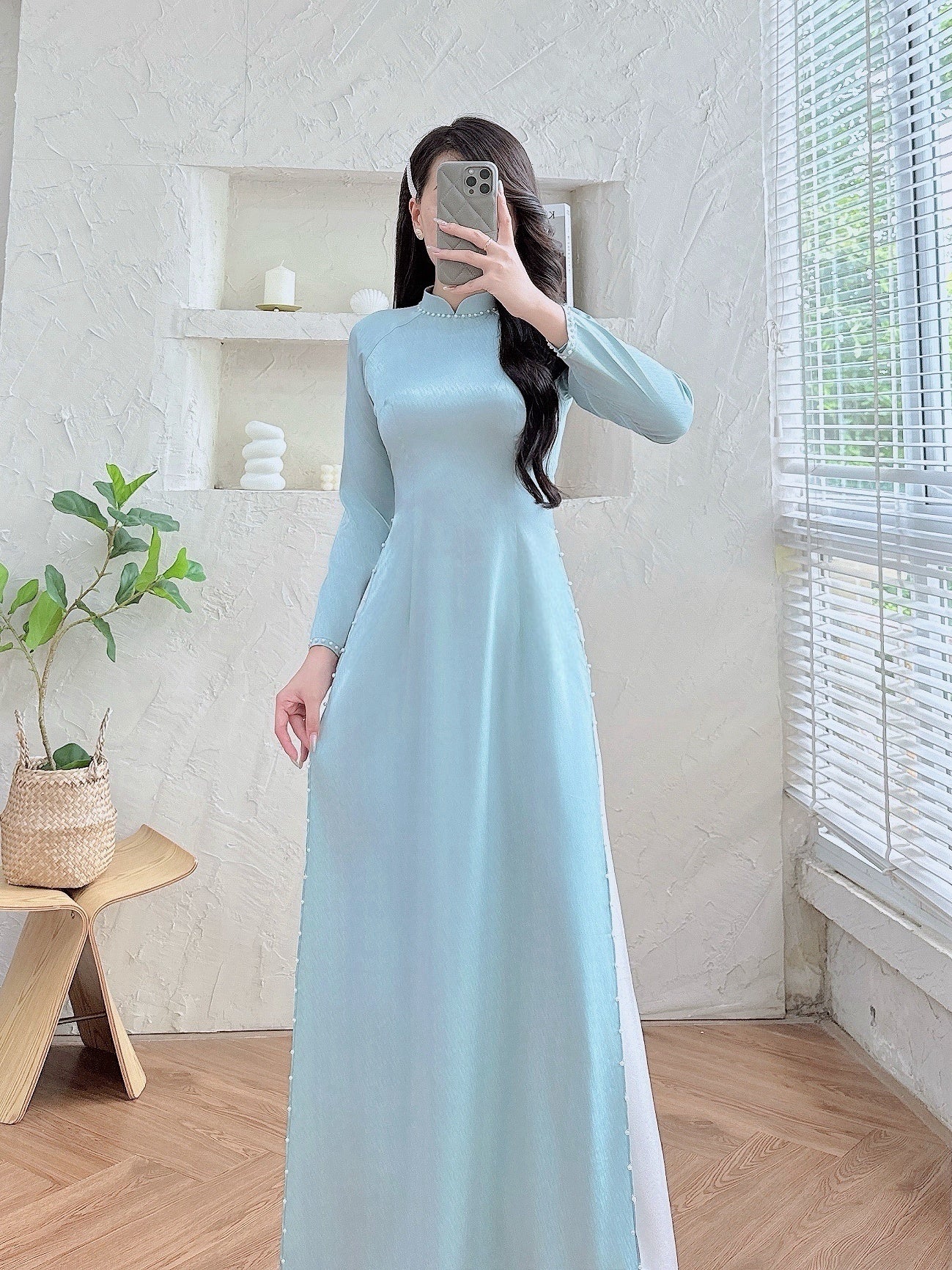 Mint Bridesmaid Ao Dai With Pearls | Cultural Formalwear | Vietnamese Long Dress | Included Pants