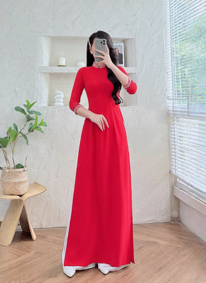ZOEY Red Ao dai silk with Beaded Crystals neck - Vietnamese ao dai for women