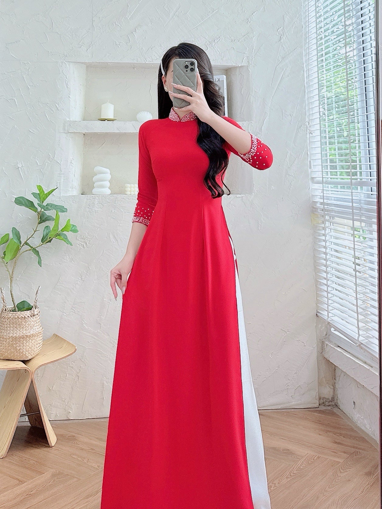 ZOEY Red Ao dai silk with Beaded Crystals neck - Vietnamese ao dai for women