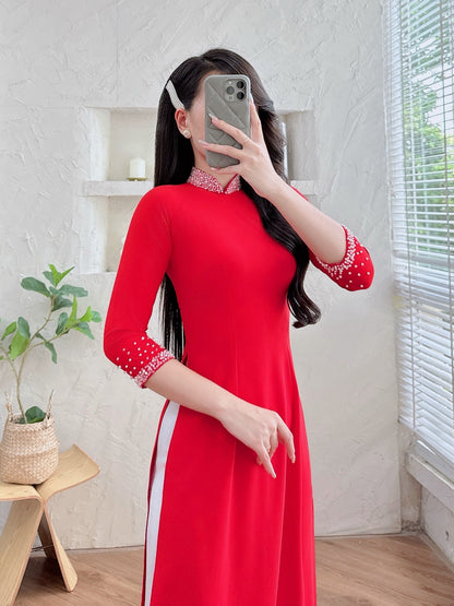 ZOEY Red Ao dai silk with Beaded Crystals neck - Vietnamese ao dai for women