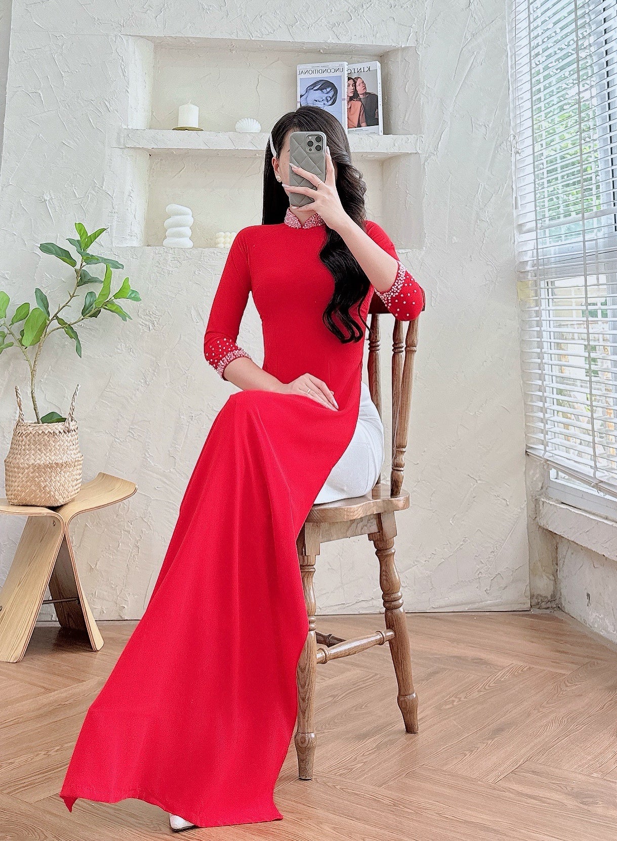 ZOEY Red Ao dai silk with Beaded Crystals neck - Vietnamese ao dai for women