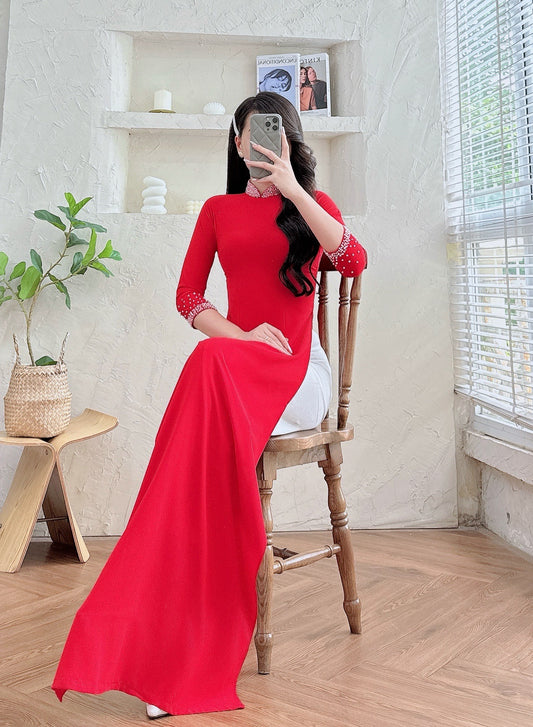 ZOEY Red Ao dai silk with Beaded Crystals neck - Vietnamese ao dai for women