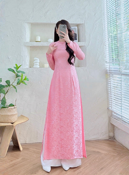 SCARLETT Pink Gấm Ao dai set | Customized Ao Dai - Round Neck