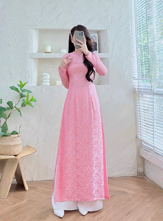 SCARLETT Pink Gấm Ao dai set | Customized Ao Dai - Round Neck