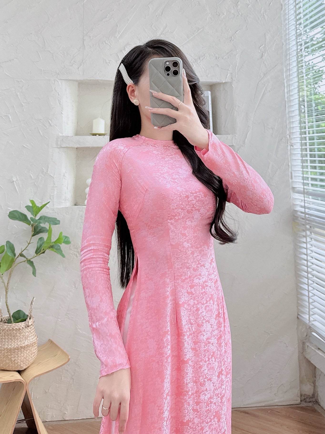 SCARLETT Pink Gấm Ao dai set | Customized Ao Dai - Round Neck