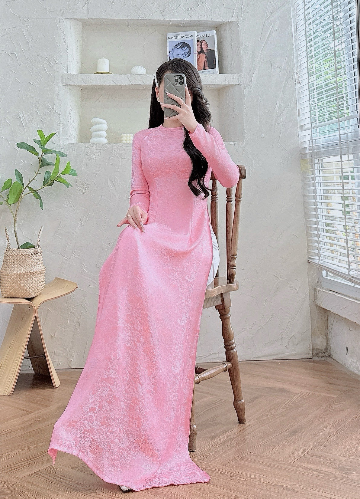 SCARLETT Pink Gấm Ao dai set | Customized Ao Dai - Round Neck