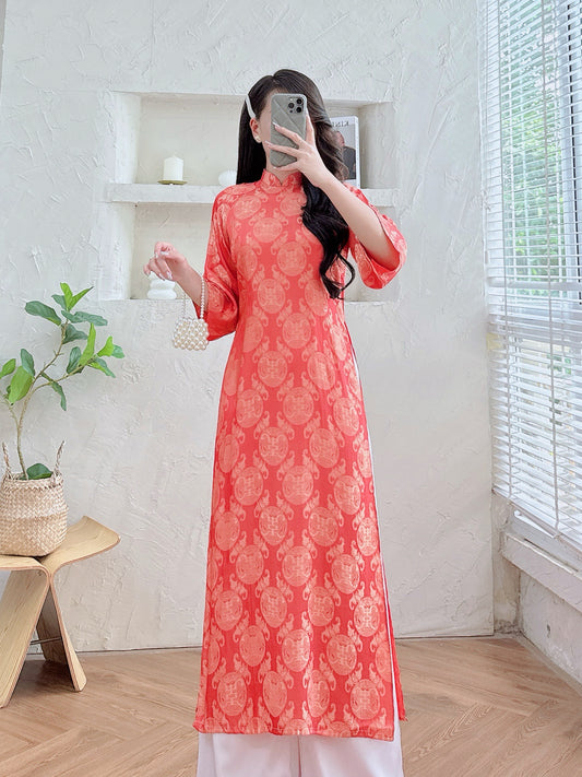 Orange Vietnamese Ao Dai for Women – Traditional Dress for Wedding- Wide Sleeves- NO Pants