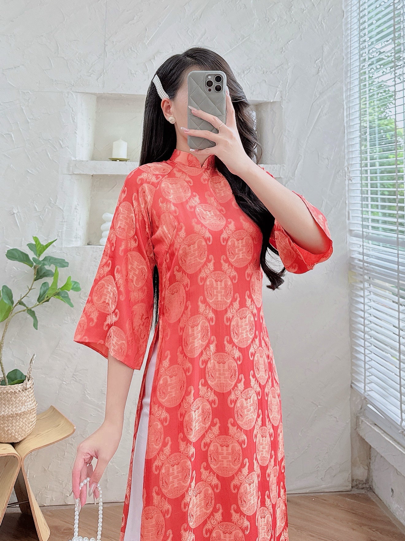 Orange Vietnamese Ao Dai for Women – Traditional Dress for Wedding- Wide Sleeves- NO Pants