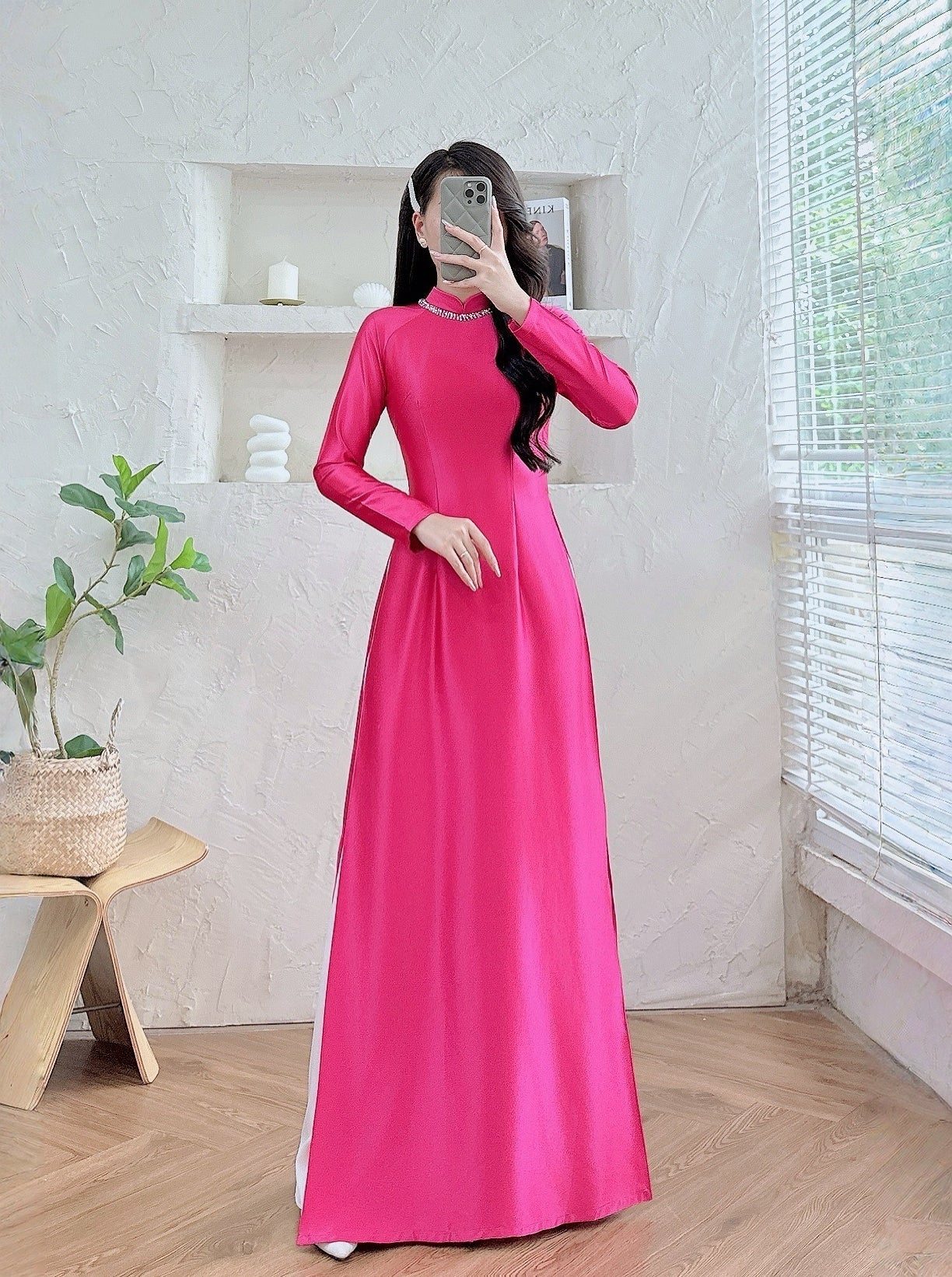 Pre-made Magenta Pink Ao dai for Women - Valentino silk Ao Dai Top
