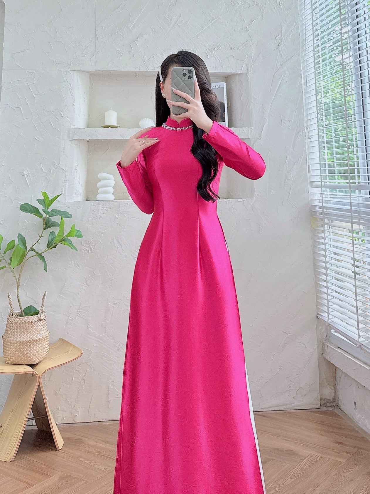 Pre-made Magenta Pink Ao dai for Women - Valentino silk Ao Dai Top