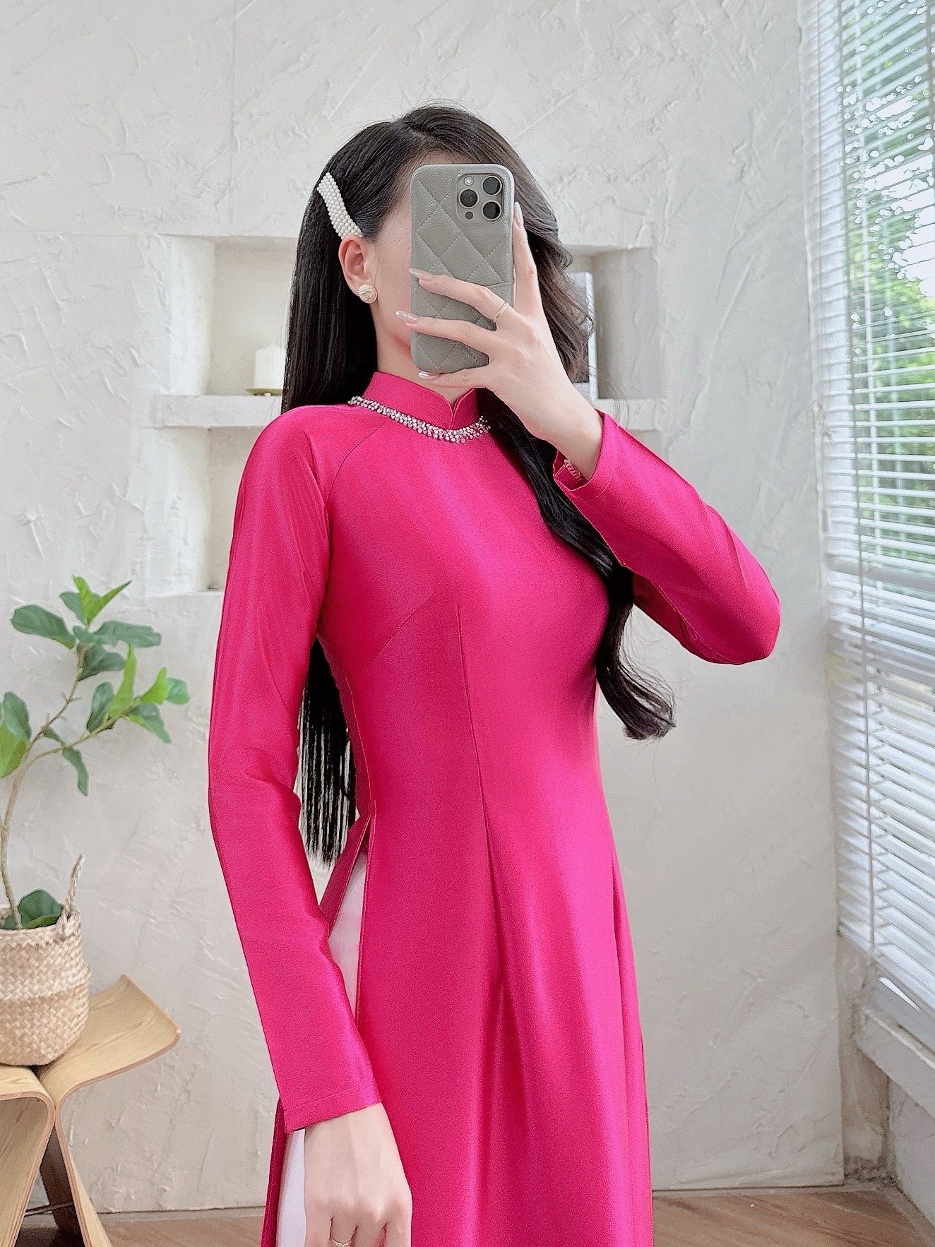 Pre-made Magenta Pink Ao dai for Women - Valentino silk Ao Dai Top