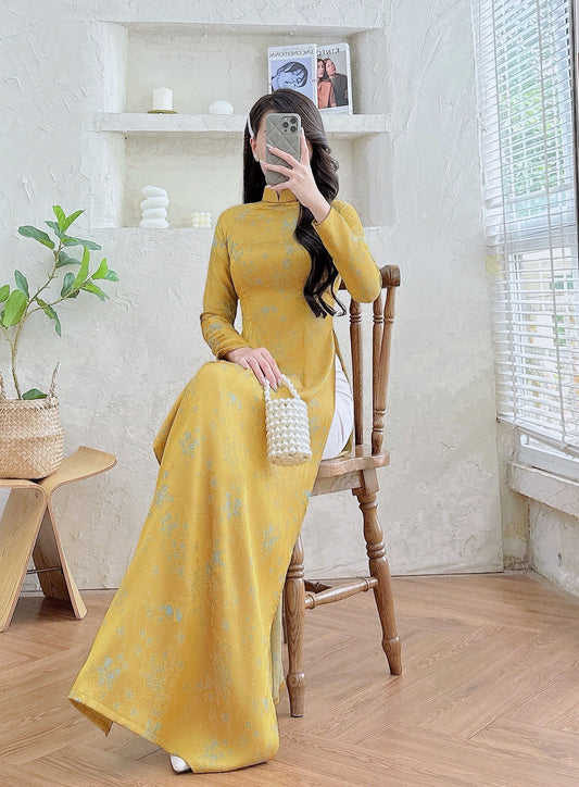 Golden Brocade Traditional Long Sleeve Ao Dai-No Pants | Elegant Formal Ao Dai for Women