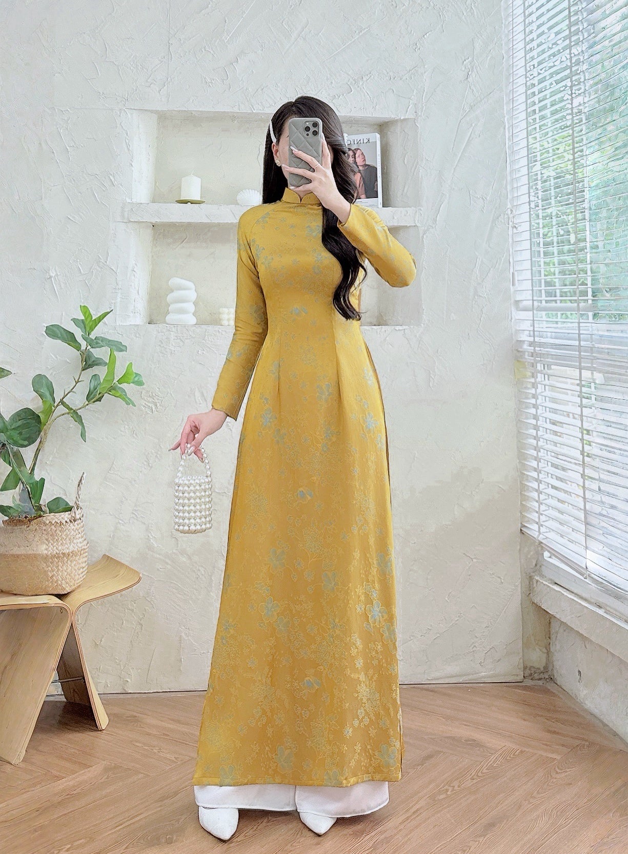 Golden Brocade Traditional Long Sleeve Ao Dai-No Pants | Elegant Formal Ao Dai for Women