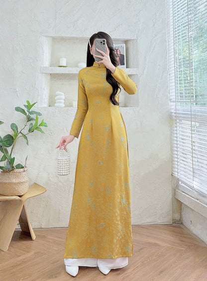 Golden Brocade Traditional Long Sleeve Ao Dai-No Pants | Elegant Formal Ao Dai for Women