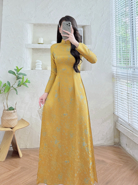 Golden Brocade Traditional Long Sleeve Ao Dai-No Pants | Elegant Formal Ao Dai for Women