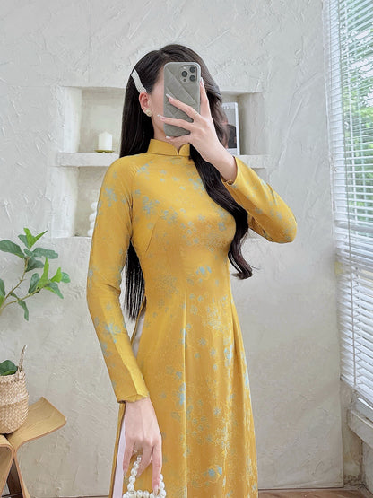 Golden Brocade Traditional Long Sleeve Ao Dai-No Pants | Elegant Formal Ao Dai for Women