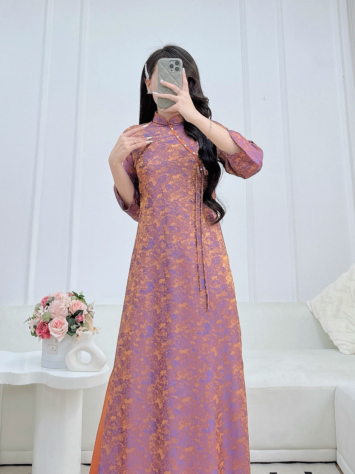 Tơ tằm Ao Dai Copper Silk Ao Dai For Women | Vietnamese Long Dress with Pants