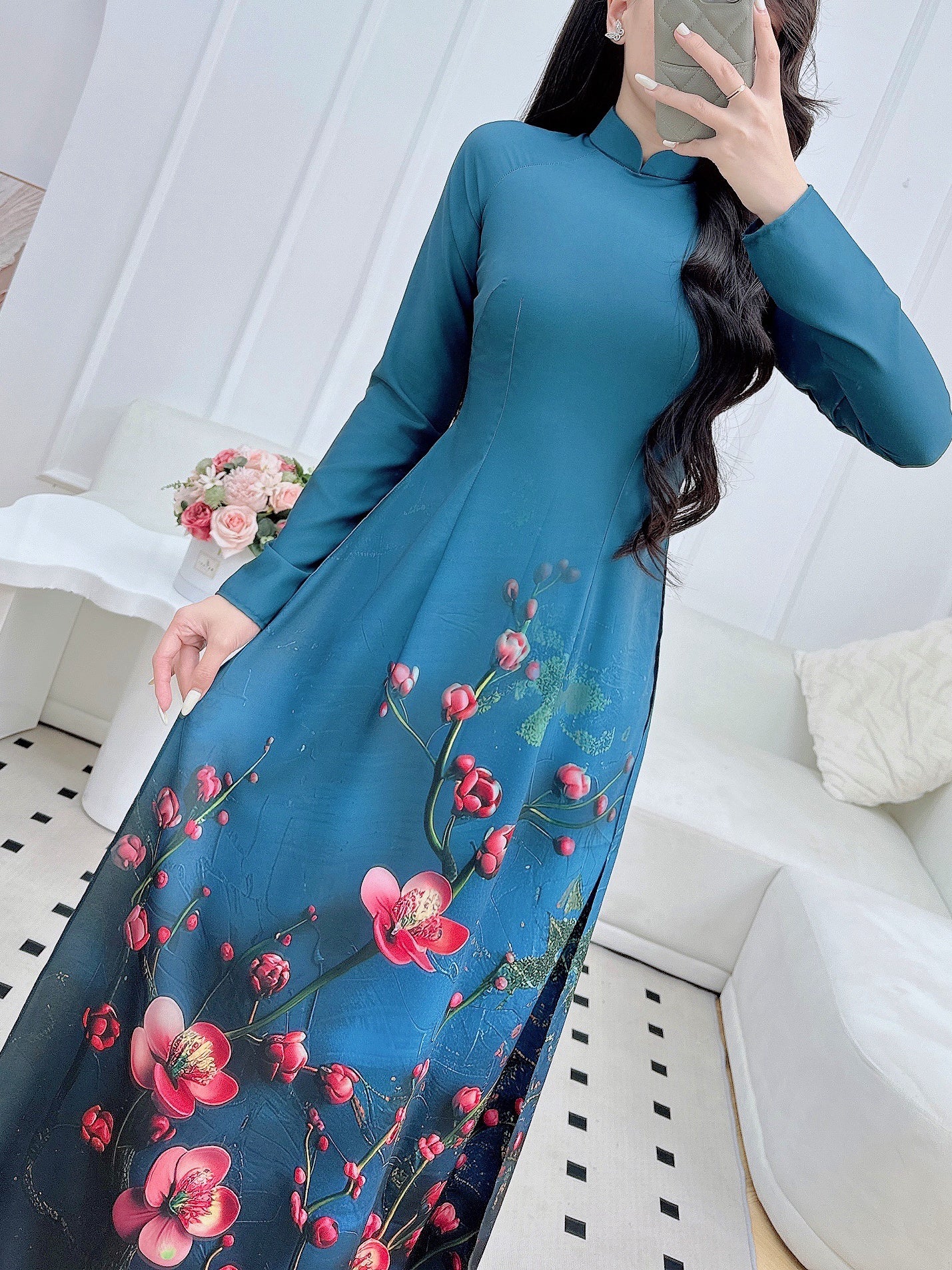 Pre-order: Elegant Long Sleeve Áo Dài for Women | Sakura Printed Ao Dai Set