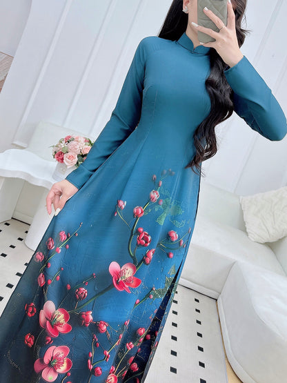 Pre-order: Elegant Long Sleeve Áo Dài for Women | Sakura Printed Ao Dai Set